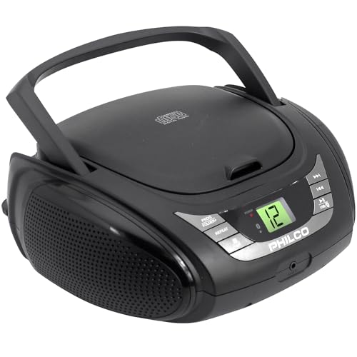 Philco Portable Bluetooth Boombox with CD Player | CD Player is compatible with MP3/WMA/CD-R/CD-RW CDs | AM FM Radio with Bluetooth | 3.5mm Aux Input | Stereo Sound | LED Display | AC/Battery Powered