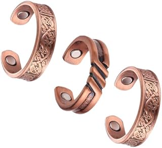 Fashtour 3 Copper Rings for Men, 99.99% Solid Pure Copper, 2pcs 3500 Gauss #9 Rings Vintage Pattern Adjustable Cuff Rings