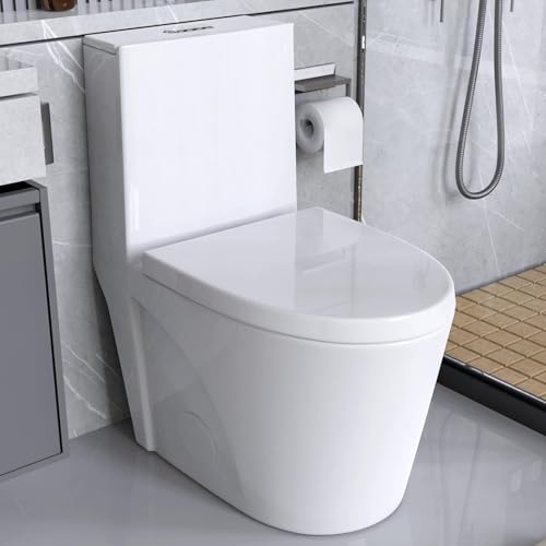 SPOWAY One Piece Toilet, 1/1.6 GPF Elongated Dual Flush Toilet with 15.5'W Soft Closing Seat, 17' Comfort Height Seat, Modern American Standard Modern Toilet for Bathroom, 12' Rough-In, White