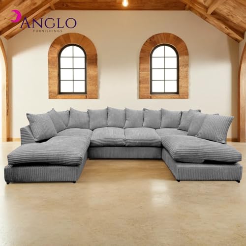 GenericU Shaped Cord Sofa - Back Cushion Sofa with Memory Foam Seating & Removable Covers - Versatile for Living Room, Bedroom, Office (Grey, Scatter Back)