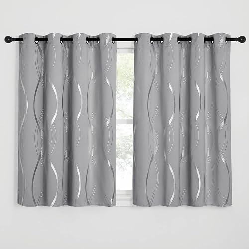 NICETOWN Short Window Curtains 54 Inch Long - Blackout Curtain 2 Panels Light Blocking Foil Silver Printed Curtains for Bedroom, Basement, 46 Inches Wide, Silver Grey