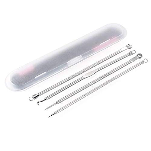 RKPM 4 Pcs/Set Stainless Steel Pimple Blemish Comedone Acne Extractor Remover Tool Set With Portable Box Easy to Carry (Silver)