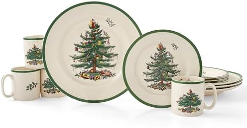 Spode Christmas Tree 12 Piece Dinnerware Set | Service for 4 | Dinner Plate, Salad Plate, and Mug | Made of Fine Earthenware | Microwave and Dishwasher Safe