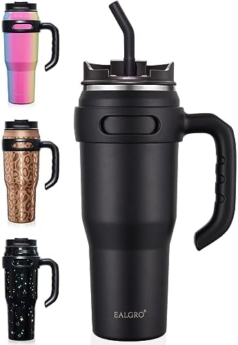 EALGRO 40 oz Tumbler with Handle, Large Insulated Tumblers with Straw and Lid, Stainless Steel Vacuum Travel Coffee Mug Cup, Black