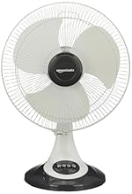 amazon basics High-Speed Table Fan I 3 Adjustable Fan Speeds | Rust Resistant Body | RPM 2100 | 400mm Sweep Length (White)