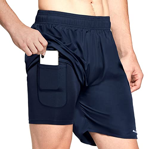 BALEAF Men's 7 Inches 2 in 1 Running Workout Shorts Quick Dry Lightweight Athletic Shorts Liner Back Phone Pocket Navy L