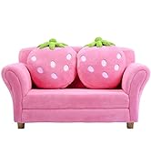 Costzon Kids Couch, Double Seat Pink Children's Sofa with 2 Strawberry Pillows, Toddler Armrest C...