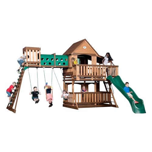 Backyard Discovery Woodridge Elite All Cedar Wood Swing Set, Upper and Lower Deck, Sandbox, Vented Tunnel, Rock Climbing Wall, Coated Rope Belted Swings, Acrobat Bar, Bench Seating, 10 ft Slide