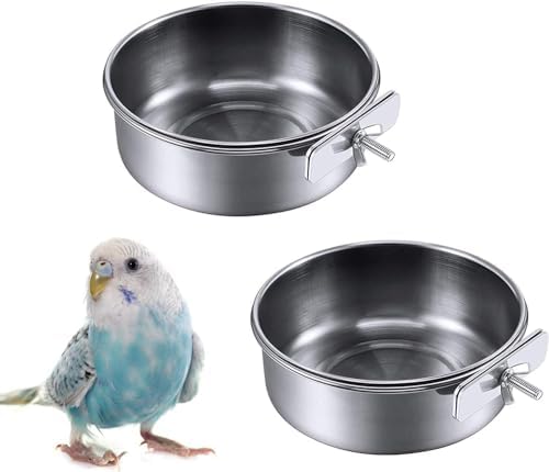 2Pcs Parrot Food Water Bowls with Clamp,Bird Feeding Cups with Clamp, Bird Cage Food Parrot Food Dish Bird Feeder Cup with Clamp, Stainless Steel Bird Feeding Dish Cups Bird Bowls Bird Dishes for Cage