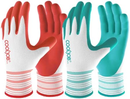 COOLJOB Gardening Gloves for Women and Ladies, 2 Pairs Breathable Rubber Coated Yard Garden Gloves, Outdoor Protective Work Gloves with Grip, Size Small, Red & Green