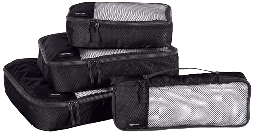 Amazon Basics 4 Piece Packing Travel Organizer Cubes Set, Small, Medium, Large, and Slim, Black