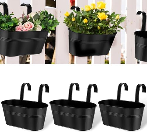 vensovo Metal Railing Planter for Outdoor Plants - 3 Pack Balcony Hanging Flower Pots with Detachable Hooks and Drain Holes Oval Bucket Rail Box Fence Planters for Home Garden Decor, Black