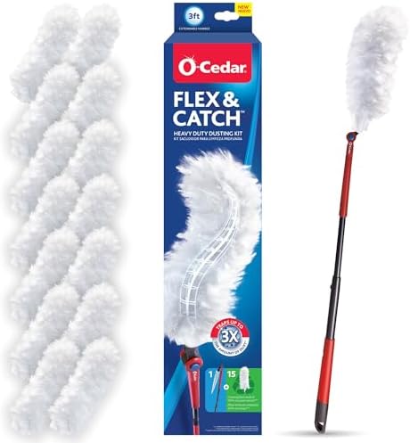 O-Cedar Flex & Catch Heavy Duty Dusting Kit with 15 Disposable Duster Refills | Extendable 3 Ft Handle with Stay-On Duster Hook | Traps 3X More Dust Than Feather Dusters