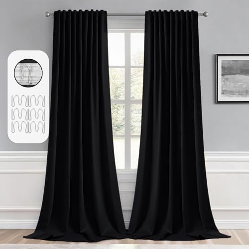 MIULEE Back Tab Blackout Curtains 120 Inch Long 2 Panels Set for Living Room Bedroom Privacy, Black Rod Pocket/Pinch Pleated Extra Long Thermal Insulated Room Darkening Light Blocking Curtains/Drapes