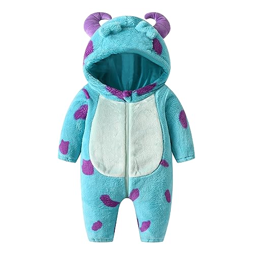 Mesalynch Kids Toddler Baby Fleece Cartoon Animals Hoodie Bodysuit Long Sleeve Zip Up Hooded Plush Jumpsuit Halloween Christmas Warm Flannel Fluffy Pajamas (Blue, 18-24 Months) 