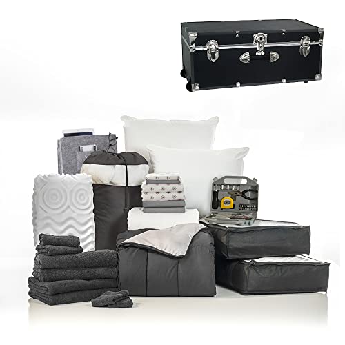 OCM College Dorm Room 25-Piece Complete Campus Pak Trunk Bundle | Twin XL Bedding, Bath & All Extras with Bonus Trunk | Black and Gray | Classic Solids & Patterns