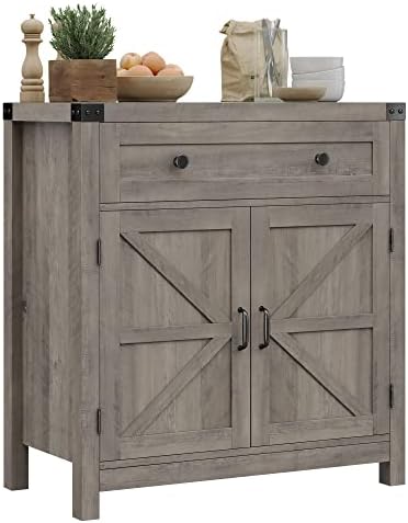 HOSTACK Coffee Bar Cabinet, Kitchen Storage Cabinet, Modern Farmhouse Buffet Sideboard with Drawer and Adjustable Shelf, Barn Door Accent Cabinet for Kitchen, Dining Room, Entryway, Ash Grey