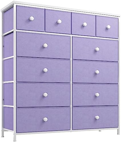 EnHomee Purple Dresser, Dresser for Bedroom with 12 Drawers, Tall Dresser with Wooden Top and Metal Frame, Fabric Bedroom Dressers & Chests of Drawers Clearance, 40.6" W x 11.7" D x 43.7" H, Lavender