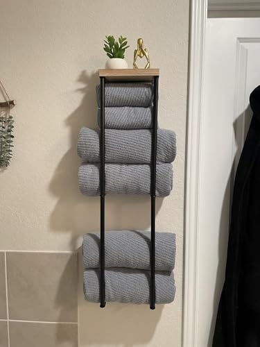 Towel Racks for Bathroom, 2 Tier Wall Towel Holder with Wood Shelf, Metal Wall Towel Rack Mounted Towel Storage for Small Bathroom （Black