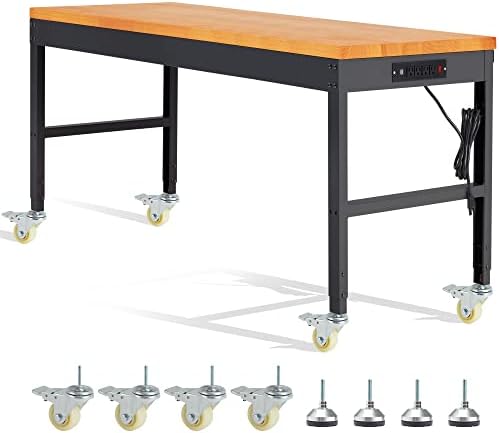 HABUTWAY Height Adjustable Workbench with Wheels 60" x 22" 2000 Lbs Capacity Oak Wood Work Station Heavy-Duty Rolling Work Benches for Garage Party Shop Office