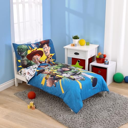 Disney Toy Story Taking Action Blue, Green and Yellow 4 Piece Toddler Bed Set - Comforter, Fitted Bottom Sheet, Flat Top Sheet, and Reversible Pillowcase