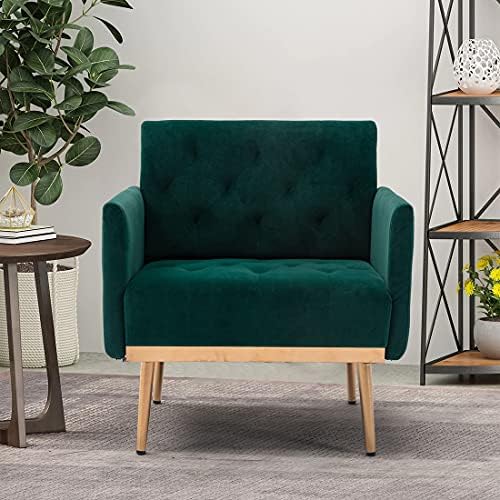 SLEERWAY Modern Velvet Single Sofa Chair, Upholstered Accent Living Room Chair, Comfy Armchair with Rose Golden Metal Legs, Tufted Chair for Reading or Lounging (Green)