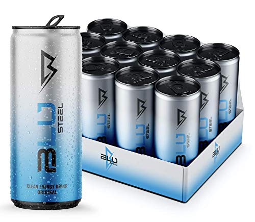 BLU STEEL Original Clean Energy Drink (12 x 330ml) | 100% Natural Caffeine | Zero Sugar, Zero Calories, Natural Energy | Contains B Vitamins & Tyrosine | Improves Brain Function & Biological Balance