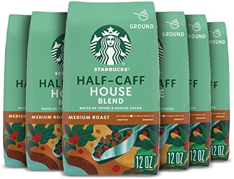 Starbucks Ground Coffee, Medium Roast Coffee, Half-Caff House Blend, 100% Arabica, 6 Bags (12 oz each)