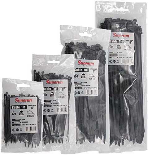 Superun 400 Packs Black Zip Ties Assorted Sizes 4+6+8+12 Inch Wire Ties, Heavy Duty Cable Ties Set - Zipties Variety Pack