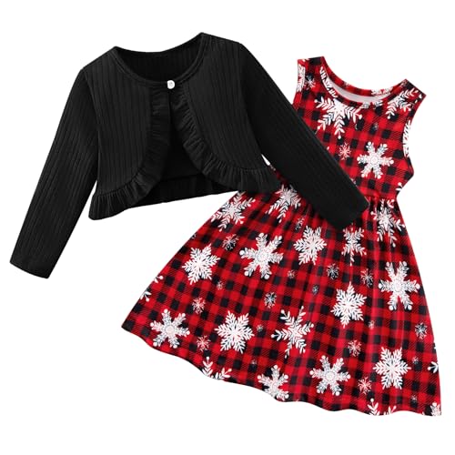 Miyanuby Toddler Girls Christmas Dress and Cardigan Set 2Pcs Little Girl Xmas Sleeveless Dress with Ruffle Shrugs Fall Winter Outfits 