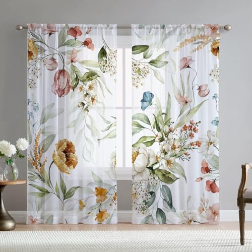 Fereyis Floral Sheer Curtains for Living Room 84 inch Length 2 Panels Set Elegant Yellow Flower Spring Printed Window Curtain Chiffon Drapes for Bedroom