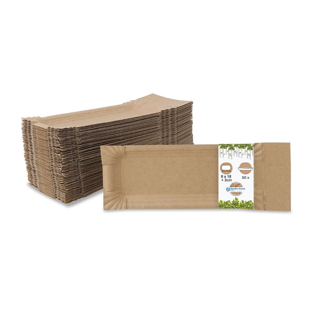 GREENBOX Paper Plates with Tear-Off Square, Dimensions 8 x 18 + 3 cm, Tear-Off, Brown Snack Plates, Made of Recycled Cardboard for Chips, Curry Sausage, etc., Recyclable, Environmentally Friendly,