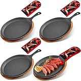 Lallisa 4 Sets Cast Iron Fajita Plate Set Fajita Plate Sizzler Pan with Wooden Tray Anti Scald Protection Hot Mitt Cast Iron Skillet Set for Home Barbeque Kitchen Party Restaurant Catering Service