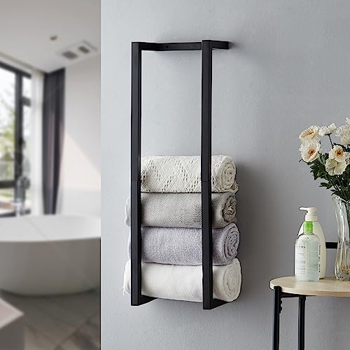 Towel Rack for Rolled Towels, Towel Rack for Bathroom,Wall Mounted Metal Bathroom Organizer, Bath Towel Holder Wall for Modern Small Space Bathroom Towel Storage (Black)