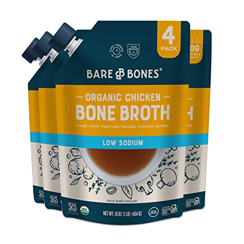 Bare Bones Low Sodium Chicken Bone Broth for Cooking and Sipping, 16 oz., Pack of 4, Pasture Raised, Organic, Protein and Collagen Rich, Keto Friendly; Less than 140g of Sodium Per Serving