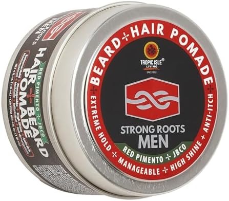 Tropic Isle Living Strong Roots Men Beard + Hair Pomade - Extreme Hold & High Shine for Styling and Grooming, Flake Free, Itch Relief, Natural Jamaican Black Castor Oil infused with Red Pimento