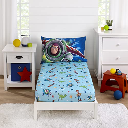 DISNEY Toy Story Power Up 2 Pack Fitted Sheet and Pillowcase Toddler Sheet Set, Blue/Green