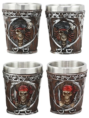 Ebros Myths Legends And Fantasy Spirit Themed 2-Ounce Shot Glasses Set Of 4 Resin Housing With Stainless Steel Liners Great Souvenir And Party Hosting Idea Pirate Captain And Buccaneer Skeletons