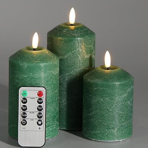 Eywamage Green Christmas Flameless Pillar Candles with Remote, Flickering Battery Operated LED Wax Candles Set of 3