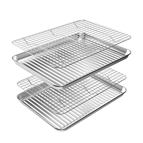 ROTTAY Baking Sheet with Rack Set (2 Pans + 2 Racks), Stainless Steel Cookie Sheet with Cooling Rack, Nonstick Baking Pan, Warp Resistant & Heavy Duty & Rust Free, Size 16 x 12 x 1 Inches