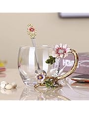 PPEA Enamel Sunflower Crystal Lead-Free Glass Tea Cup with Spoon Set, Present for The Christmas, Valentine&#39;s Day.Best Present for Mother, Grandma, Girlfriend, Sister.