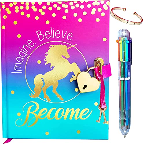 Diary for Girls with Upgraded Lock and Keys - Unicorn Journal Includes Adjustable Bracelet and Multi-Colored Push-Pen | Enjoy Both Lined and Blank Notebook Pages for Secret Writing and Drawing