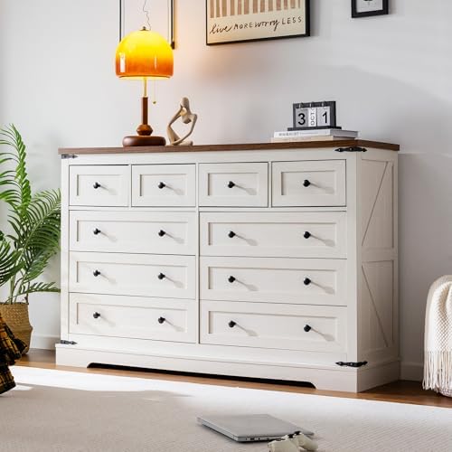 EnHomee 10 Drawer Dresser,White for Bedroom, 55“ Large Chest of Drawers, TV Stand Dresser for Bedroom,Hallway, Antique White,14.9" D x 55.11" W x 35.6" H