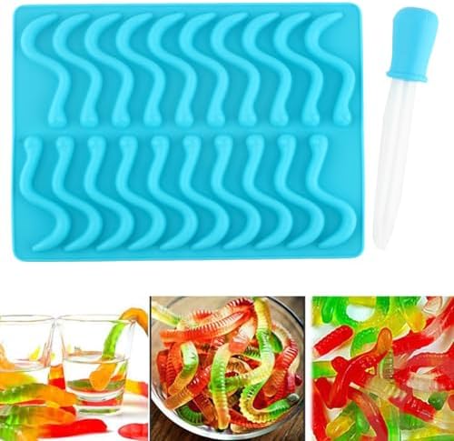 YIMINGMOLD 20 Cavity Gummy Worm Molds Silicone Worm Molds With 1 Dropper For Chocolate Gummy Candy