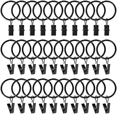 AvoDovA Anneaux de Rideaux avec Clips, 30 Pcs 32mm Clips de Rideau Anneaux Métal Antirouille, Anneaux Pinces Rideaux, Draperie Rideau Clips pour Tringle à Rideau, Noir