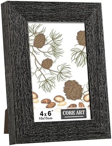 CORE ART 4x6 Picture Frame, Handmade Wood Rustic Black Photo Frame, High Definition Semi-tempered Glass Wall or Tabletop Display