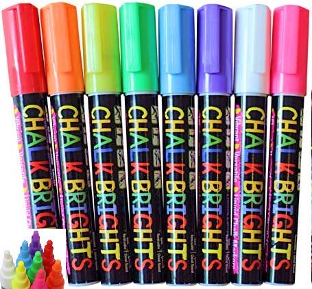 FANTASTIC CHALK PENS & MARKERS - 8 Pack BEST for Kids Art Menu Board Bistro Boards Non Porous Chalkboard Blackboard Whiteboard - Glass & Window Pens & Erasable Paint Marker with Reversible 6mm Fine or Chisel Tip - Bright Neon Coloured Plus White ( includes 8 Chalk Labels)