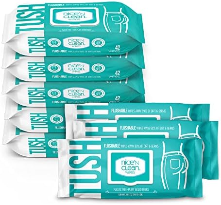 Nice 'N Clean Adult Flushable Wipes (8 x 42 Count) | Personal Cleansing Wipes Made from Plant-Based Fibers | Infused with Aloe & Vitamin E