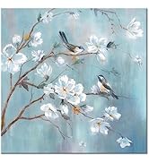 White Floral Canvas Artwork Wall: Elegant Flower Tree and Birds Wall Art Painting for Living Room...