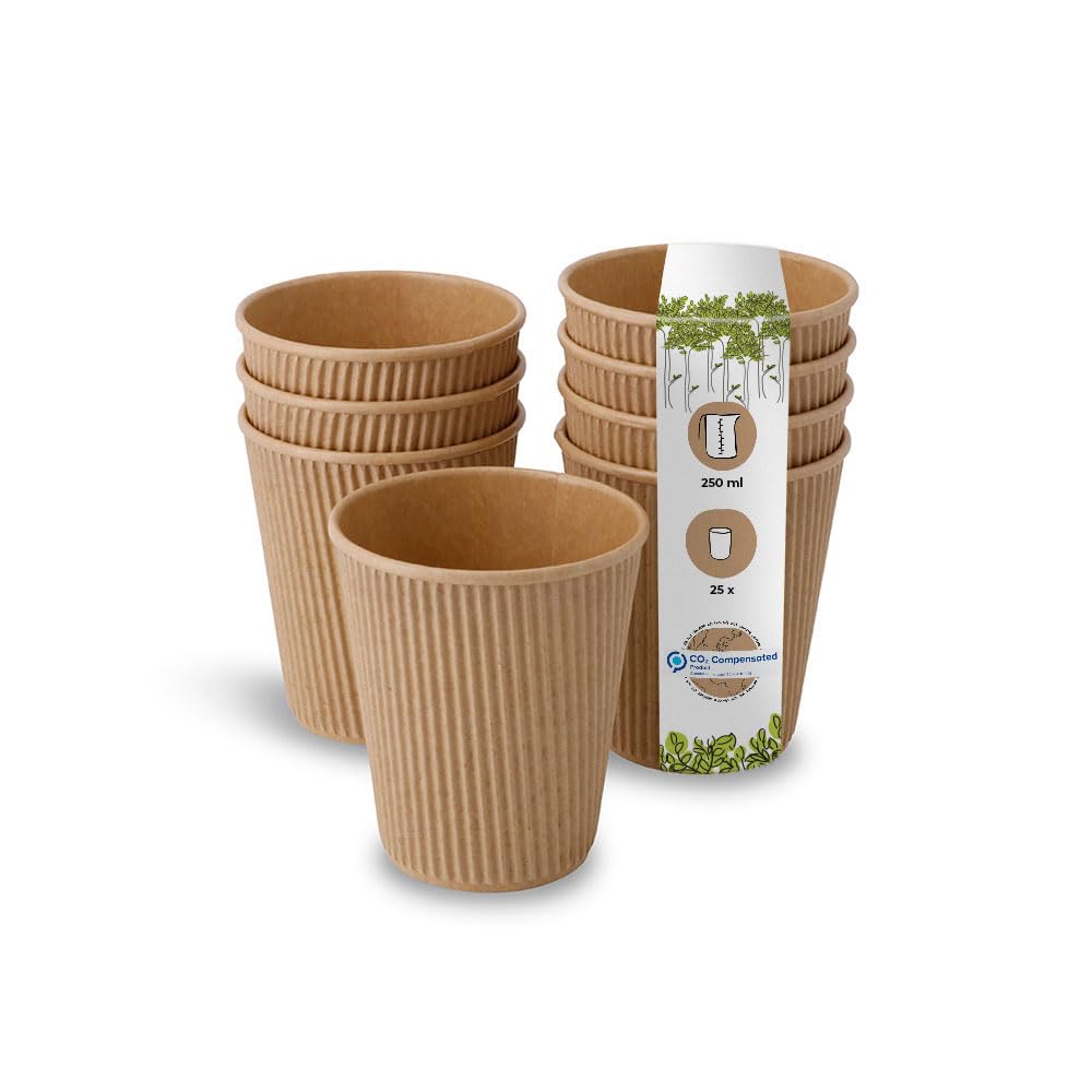 GREENBOXPack of 25 Ripple Cups To Go Paper Cups Made of Brown Kraft Cardboard Unbleached I Environmentally Friendly Coffee Drinking Cups Disposable Organic Unprinted 250 ml, 10 oz I 100%